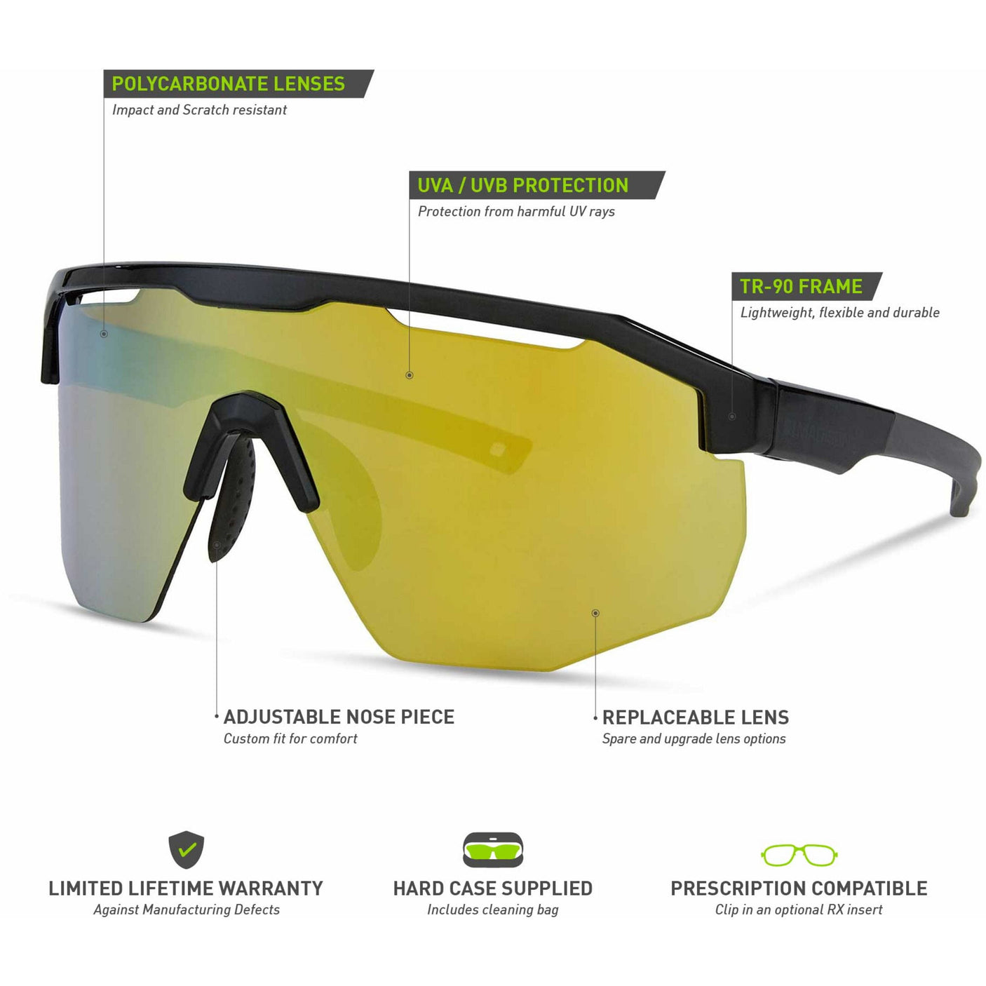 MADISON Cipher Gloss Black Sunglasses (3 Lens Pack - Bronze Mirror / Amber / Clear)