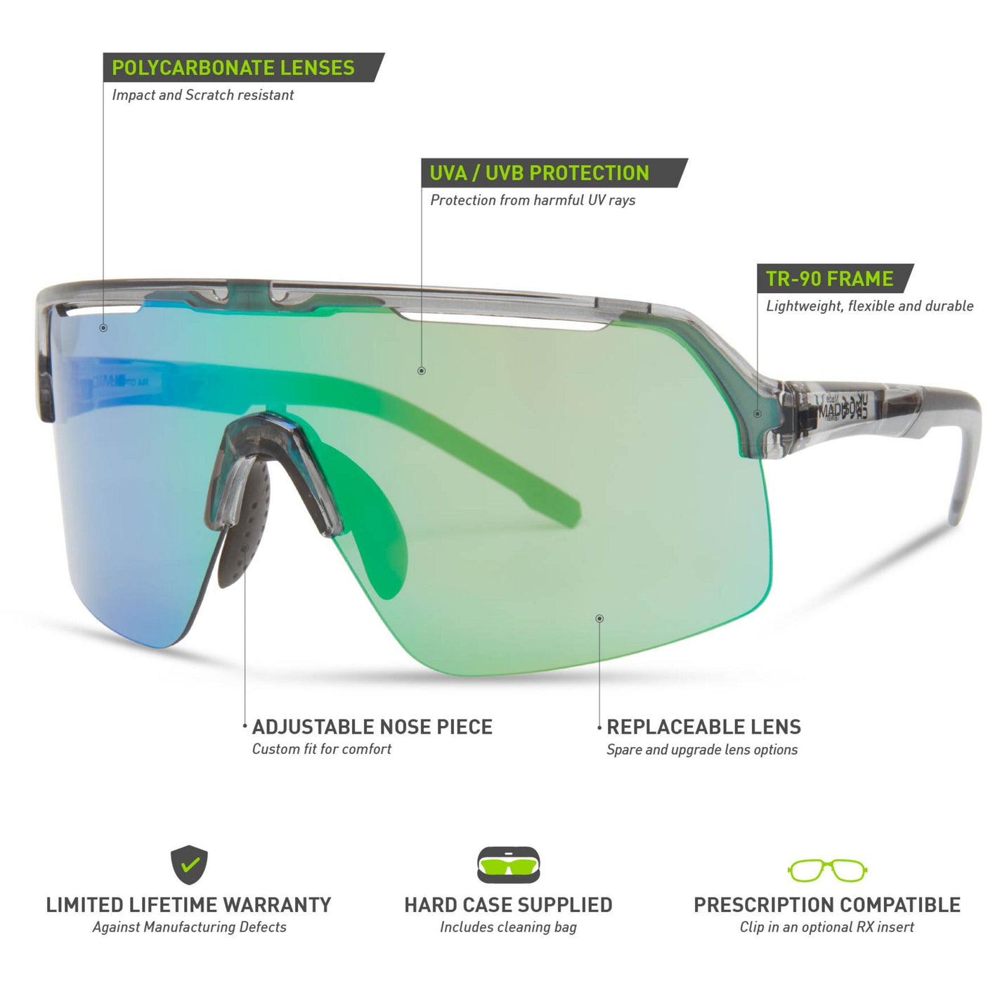 MADISON Crypto Air Crystal Smoke Sunglasses (Green Mirror Lens)